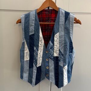 Patchwork Denim Vest with Red Plaid Lining